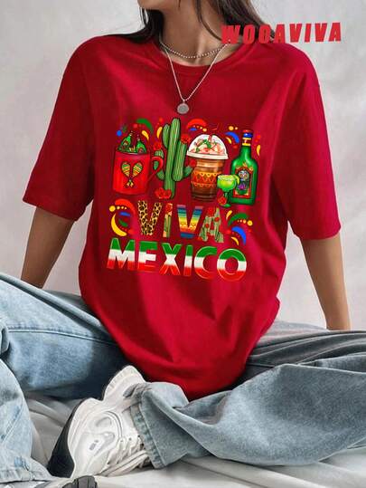 WOOAVIVA Plus Size Summer Y2K Cleanfit Casual Fitted Mexican Fiesta Print, Colorful Drink Cactus Design, Perfect For Party Casual Round Neck Short Sleeve Women T-Shirt, Suitable For Summer, Women Tops