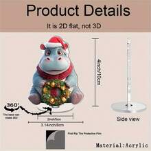 1pc 2D Rotating Acrylic Desktop Decor, Cute Cartoon Hippopotamus Wearing Santa Hat Holding Christmas Wreath With Bells, Christmas & New Year Home Decor, Rotating Base, Holiday Atmosphere Decoration