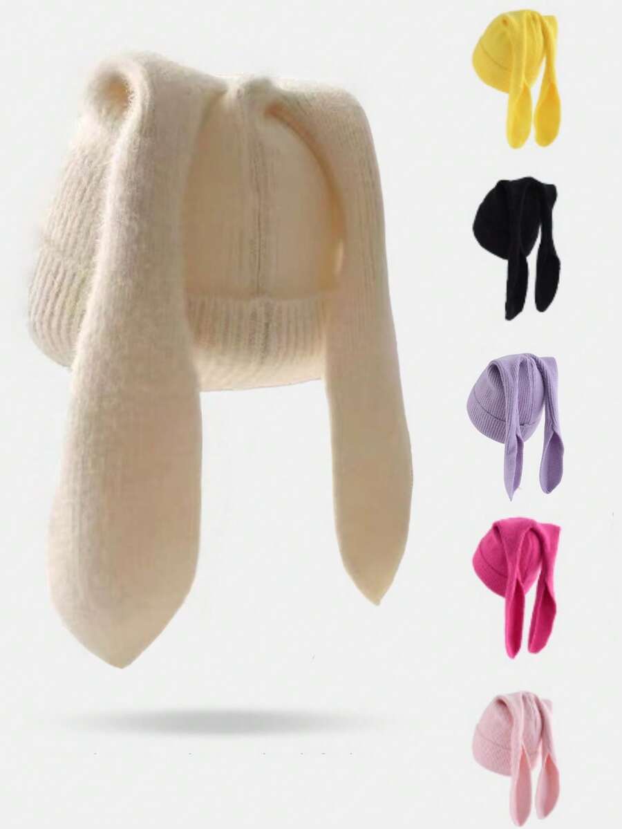6 Colors Available, Fashionable & Cute Korean Style Thick Knit Long Rabbit Ear Beanie Hats For Men & Women - New Autumn/Winter Warm Cap