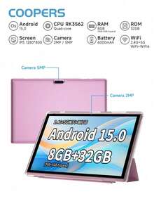 Coopers 10.1 Inch Android 15 Tablet With Protective Case, WiFi Tablet, RK3326S Quad-Core 1.6GHz/3GB RAM 32GB ROM/2.4G+5G WiFi+WiFi 6/BT 5.2/FHD IPS Touchscreen/2MP+5MP Dual Camera/6000mAh/Support 1TB SD Expansion/Support Widevine L1 (Adapter Not Included) - Pink - View 12