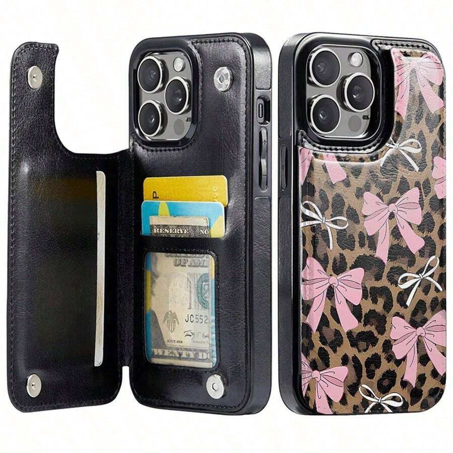 1 funda para teléfono con tarjetero con estampado de leopardo y lazo blanco rosa, funda de cuero para teléfono, funda para teléfono estilo billetera, funda para teléfono multifuncional que puede almacenar tarjetas de crédito, tarjetas bancarias y monedas, compatible con teléfonos de la serie Galaxy (incluidos S25, S24, S23, S22) y 17 pro max case 16, 15, 14, 13, 12, 11 Pro Max, adopta un diseño de protección dual duradero. - Negro - Ver 1