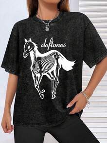Vintage Men's Washed And Worn Short Sleeved T-Shirt, American Rock Deftone Skull Horse Print, Street Style Loose Top004 - 黑色 - 查看 3