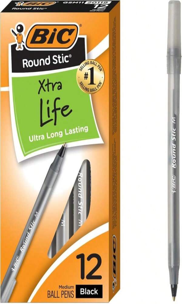 BIC Round Stic Xtra Life Black Ballpoint Pens, Medium Point (10mm), 12-Count Pack Of Bulk Pens, Flexible Round Barrel For Writing Comfort, No 1 Selling Ballpoint Pens