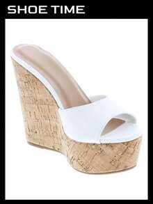 Women's Platform Wedge Slide Sandals – Open Toe Slip-On High Heel Mules With Cork Design - White - View 7