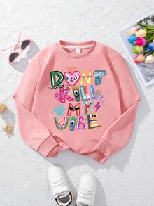 1PC Teen Girl Doodle Artistic Letter Crew Neck Sweatshirt, Soft Skin - Friendly, Spring & Autumn Daily Casual Wear - Pink - View 2