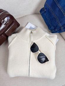 Wixra Korean Loose Knit Cardigan, Stand Collar Raglan Sleeve, Reversible Zipper Design, Solid Color, Collegiate Style Top, Essential For Layering In Autumn/Winter