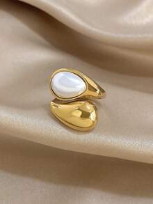 1 件简约优雅镀不锈钢珍珠可调节女士戒指，不对称泪珠首饰，妈妈礼物，圣诞节感恩节万圣节，周年纪念情人节礼物，送给女朋友妻子的日常派对礼物 - 彩色 - 查看 4