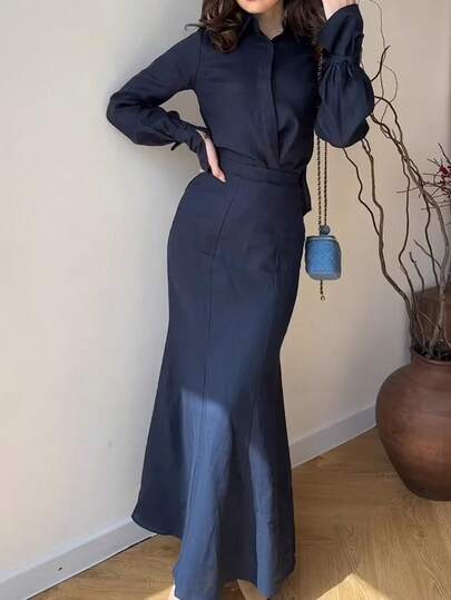 女士优雅单排扣长袖上衣和纯色铅笔裙两件套，通勤装