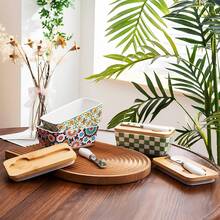 1 Set Ceramic Butter Dish With Bamboo Lid & Knife, Large European Style Butter Plate, Cheese Storage Box, Food Storage Container, Kitchen Butter Dish, Countertop Food Storage Box, High Sealing Butter Box, Suitable For Kitchen Accessories, Refrigerator Storage, Home Kitchen Storage, Great For Gifts And Holiday Decor - Multicolor - View 3