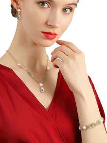 Bộ trang sức đính đá lấp lánh gồm dây chuyền, bông tai và vòng tay, kết hợp với túi xách cầm tay sang trọng, thích hợp cho các bữa tiệc, đám cưới lãng mạn, túi đeo vai mùa xuân/hè, túi cô dâu, các buổi khiêu vũ trang trọng. - Vàng - Xem 3