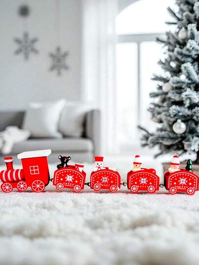 Mini Tren Navideño Juguete de Madera con Diseños Navideños tren navideño juguete madera edición especial fiesta temática decorativa grupo props para Halloween Navidad disfraz creativo evento decoración noche brujas grupo familiar props creativo