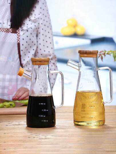 1 pieza Botella de vidrio borosilicato alto con escala, botella para salsa de soja, vinagre y condimentos con asa, botella de aceite de cocina para el hogar