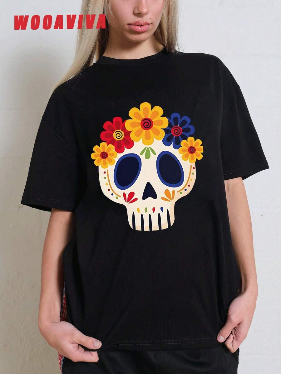 WOOAVIVA Plus Size Summer Y2K Cleanfit Casual Fitted Day of the Dead Sugar Skull Floral Design, Perfect for Halloween and Festivals Casual Round Neck Short Sleeve Women T-Shirt, Suitable For Summer, Women Tops - Negro - Ver 1