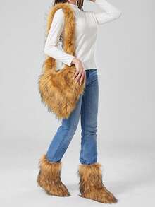 2 件套：时尚毛绒靴和单肩包，女士冬季保暖中筒毛绒雪地靴 - 棕色 - 查看 3