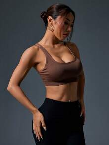 1pc Coffee Color Wireless Sports Bra, Elastic Straps, Suitable For Daily Wear, Yoga, Fitness - Coffee Brown - View 6