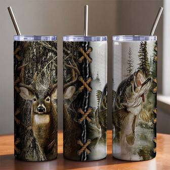 1 Pc 20oz Insulated Tumbler, Rustic Deer Hunting & Bass Fishing Split Design, With Straw & Brush, Perfect Tumbler With Lid And Straw, This Insulated Water Bottle Is A Great Mens Gifts For Outdoorsmen, Hunters, Fishermen, And Anyone Who Appreciates A Rugged, Nature-Inspired Aesthetic.