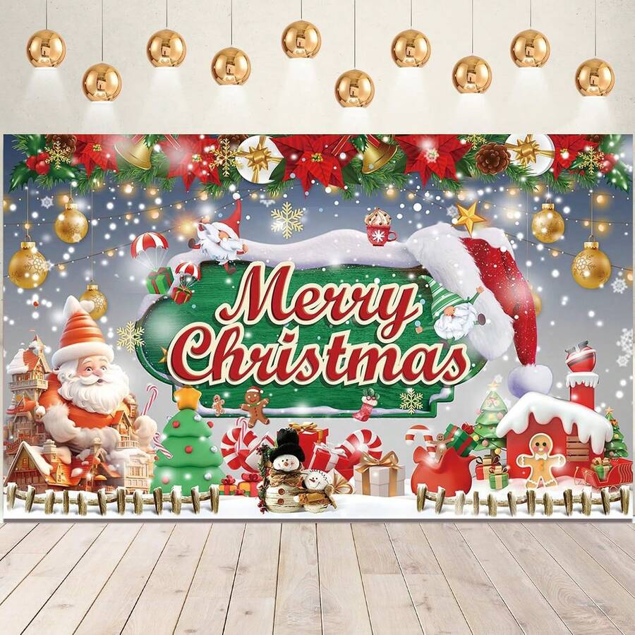 1pc Christmas Background Banner, 82.7*59.1/59.1*39.4/39.4*29.5 Inches Santa Claus Snowman Gingerbread Man Merry Christmas Background Suitable For Christmas Party, Photography Background, Wall Sign, Yard Sign, Winter New Year Christmas Eve Christmas Party Decoration