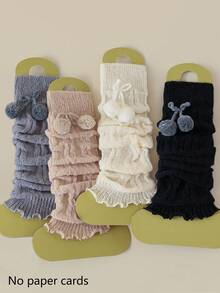 1/2/4 双女式多色黑白毛绒球装饰可爱百搭时尚蕾丝腿套，厚实保暖及膝腿套，适合春秋冬季 - 彩色 - 查看 14