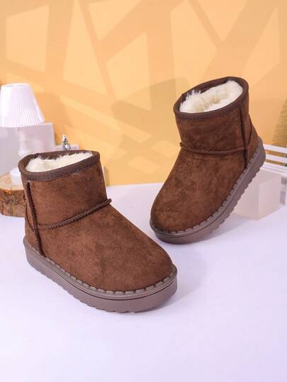 1 Pair Children's Snow Boots, Brown, Black, Pink Plush Lining And Suede Lining, Warm And Non-Slip. Short Boot Shaft, Flat, Simple And Casual, Comfortable And Fashionable. Suitable For Children's Winter Holiday Travel.