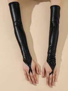 1 Pair Women's PU Long Arm Fingerless Gloves, Shiny Long Sleeve Gloves For Party - Black - View 2