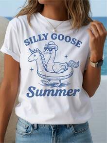 Women's 180g White Cotton Round Neck Short Sleeve Silly Goose Summer Graphic Tee - Cute Fun Casual Printed T-Shirt For Ladies | Perfect For Summer Beach Days & Relaxed Outings | Y Lightweight And Breathable Top - White - View 2