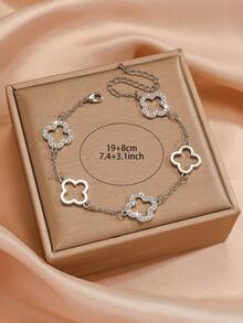 Elegant & Chic Stainless Steel Vacuum Plated 18K Gold Micro-Inlaid Full Diamond Hollow Four-Leaf Clover Women Bracelet Set, Suitable For Party, Daily Wear, Selfie, Outing And Shopping