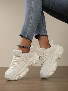 女士厚底厚底运动鞋，透气网眼增高休闲轻便运动鞋和百搭厚底乐福鞋 - 米色 - 查看 1