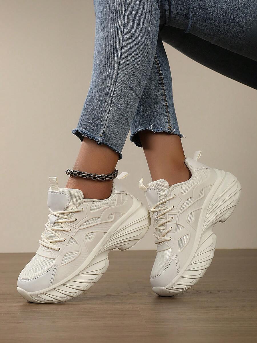 女士厚底厚底运动鞋，透气网眼增高休闲轻便运动鞋和百搭厚底乐福鞋 - 米色 - 查看 1