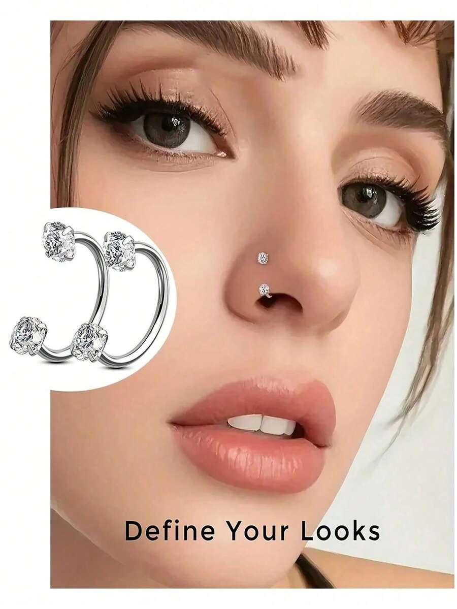 2Pcs Of C Type Zirconia Set Nose Rings Lip Rings Horseshoe Rings Nose Septum Earrings 16G Stainless Steel Pierced Jewelry Suitable For Daily Wear