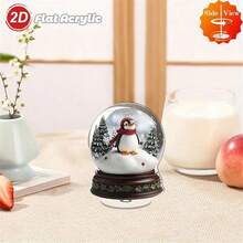 2D Flat, 1pc Rotating Acrylic Snow Globe Desktop Decoration, 2D Flat Christmas Winter Scene With Penguin In Red Scarf & Hat, Snow-Covered Trees & Holly Berries, Indoor/Outdoor Tabletop Decoration, Durable Holiday Decor For Cozy Winter Atmosphere, Festive Home & Garden Ornament - Multicolor - View 7