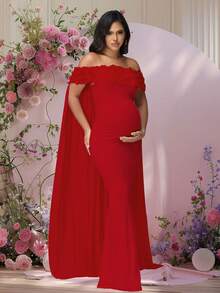 JustVH Maternity Floral Open Shoulder Dress, Suitable For Baby Shower, Mesh Cape-Style Long Dress, Can Be Used As Photography Prop Spring Fall - Burgundy - View 6