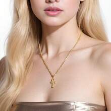 dollrinboy 1件纹理安卡十字架吊坠项链，男女通用，3毫米不锈钢费加罗链项链，复古埃及十字架吊坠项链，简约首饰 - 叉 - 查看 6