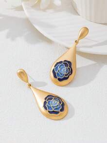 1 Pair Elegant Vintage Vibe Party Matte Metal Gold Water Drop Blue Enamel Rose Decor Women's Stud Earrings, Suitable For Formal Occasions