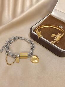 1 件夏季海星贝壳手链金色开口手镯女士不锈钢手链适合日常派对圣诞珠宝圣诞礼物