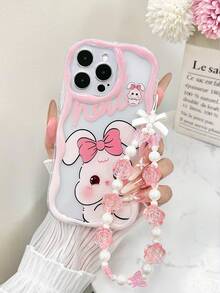 Ốp điện thoại chống rơi màu hồng bóng, chất liệu kem, viền lượn sóng, in hình chú heo và thỏ dễ thương, kèm phụ kiện vòng tay đính hạt thủ công. - Nhiều màu - Xem 2