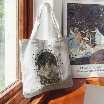 [ACOTAR Bookish Tote Bag] ACOTAR Bookish Tote Bag - Velaris City Of Starlight Design, White Polyester Shoulder Bag With Moonlit Mountain & Castle Illustration, Perfect For Fans Of The Series, Fan Merchandise |   Starlit Illustration |   Durable Shoulder Bag