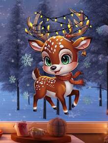 1 pièce Autocollant de fenêtre de renne de Noël festif - PVC, auto-adhésif, design de dessin animé classique avec scène enneigée et accents de houx, idéal pour la décoration de la maison et les cadeaux de Noël, décoration de Noël