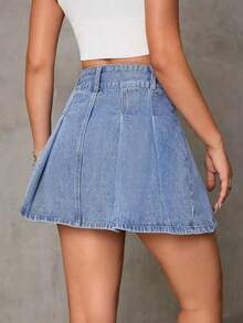 女式休闲高腰荷叶边下摆牛仔迷你裙 - 中等水洗藍 - 查看 2