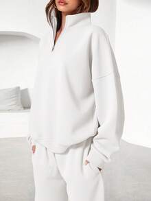 Womens Casual 2 Piece Sets Fall Outfits Quarter Zip Sweatshirts Straight Leg Pants Sweatsuits Tracksuit Valentine Vacation Spring Clothes For Women - 白色 - 查看 2