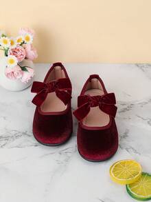 Velvet Bow Decor Everyday Baby Girl Shoes, Suitable For Autumn/Winter - Burgundy - View 2