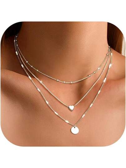 Milacolato 3 PCS Gold Necklaces For Women Girls 14K Gold Plated Layered Necklace Cubic Zirconia Heart Pendant Necklace Silver Snake Necklaces Choker Necklace Dainty Gold Chain Jewellery With Gift Box
