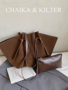 2 piezas Bolso de hombro de tela de ante de unicolor CHAIKA y KILTER, bolso de gran capacidad casual retro para mujeres, diseño de doble asa y cierre a presión, adecuado para viajes, compras, citas, regalo para mujeres, adecuado para adolescentes, estudiantes universitarios, principiantes y oficinistas, muy adecuado para oficina, academia, trabajo, negocios, viajes, salidas - Café - Ver 7