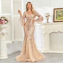 hezixi Premium Quality Solid Color Shiny Sequin Zipper Mix Panel Elegant Party Evening Date Birthday Anniversary Music Festival Cocktail Formal Gown Wedding Guest Singles Party Stage & Concert Everyday Dress, All Season - Rượu sâm banh - Xem 10