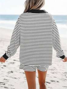 2件套女士休闲条纹落肩上衣和短裤套装 - 黑與白 - 查看 2