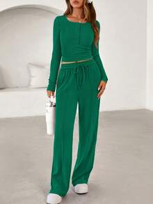 PRETTYGARDEN Women's Spring Fall 2 Piece Outfits Lounge Sets Long Sleeve Top Henley Shirts Wide Leg Pants Travel  Sweatsuit Set Women Clothes Home Clothes Going Out Outfits Sports Valentine Vacation Outfit For Women - 綠色 - 查看 6