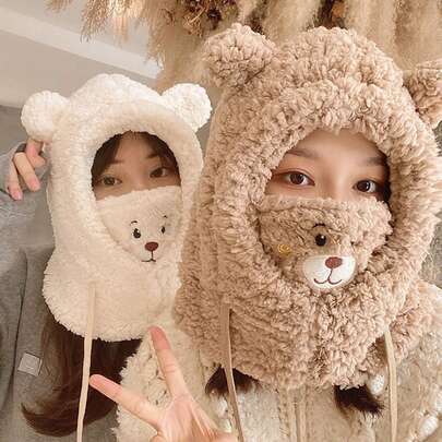 1개 겨울 플러시 및 두꺼운 귀여운 곰 플러시 모자, 마스크, 모자 및 스카프 올인원 방한 따뜻한 모자