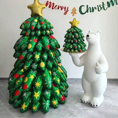 Nuovo albero di Natale assemblato grande da 51,1 pollici/130 cm, mini albero di Natale da tavolo da 14,57 pollici/37 cm, due palloncini natalizi di dimensioni diverse, adatti per Natale, Capodanno e decorazioni per feste, palloncini a forma di albero di Natale