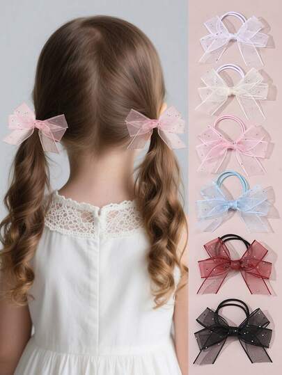 女の子用メッシュラインストーンちょう結びヘアスクランチセット 2個/12個入り、日常的な装飾に適しています