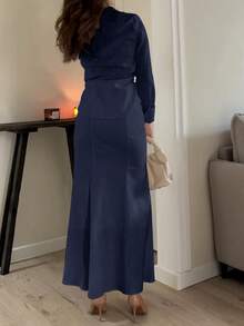 女士优雅单排扣长袖上衣和纯色铅笔裙两件套，通勤装 - 藏蓝色 - 查看 3