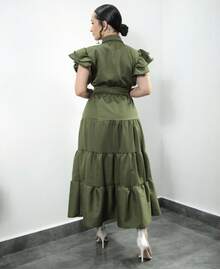 Premium Tailored Rafaela Women's Long Dress With Short Sleeves And Bow - Army Green - View 5